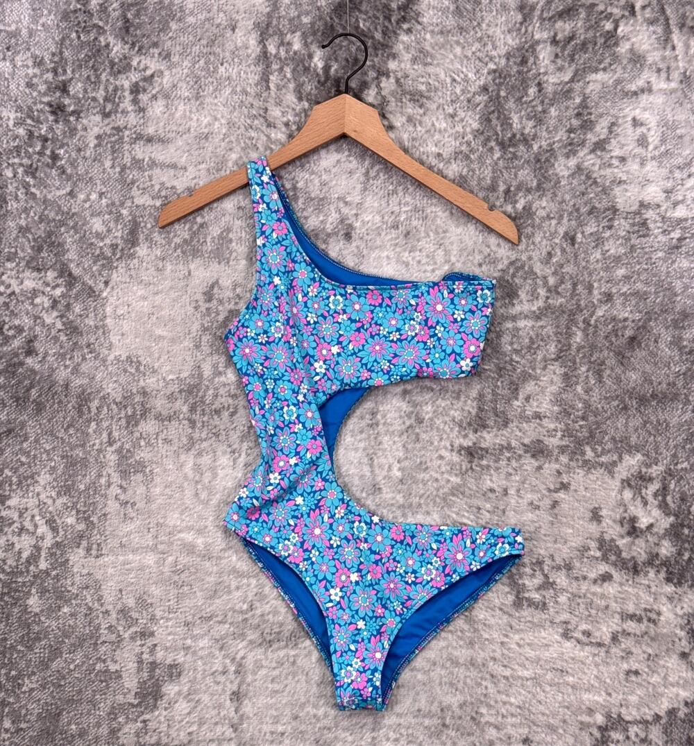 Frankies Bikinis One Piece Swimsuit Medium Womens Blue Floral Cutout